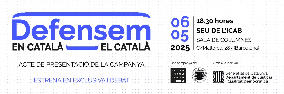 Xavier Dengra i Grau (@xavidegr) on Twitter photo Juristes! Si voleu defensar el català en la justícia i revertir la indefensió que pateix, el dimarts 6 de maig hi ha un acte que cal que estigui ple de gom a gom.
⚖️ «Defensem en català — el català» del <a href="/conselladvocat/">Consell de l’Advocacia Catalana</a> i la <a href="/llenguacat/">Plataforma per la Llengua 📢</a>
Inscripcions ▶️ plataforma-llengua.cat/defensem-en-ca… Juristes! Si voleu defensar el català en la justícia i revertir la indefensió que pateix, el dimarts 6 de maig hi ha un acte que cal que estigui ple de gom a gom.
⚖️ «Defensem en català — el català» del <a href="/conselladvocat/">Consell de l’Advocacia Catalana</a> i la <a href="/llenguacat/">Plataforma per la Llengua 📢</a>
Inscripcions ▶️ plataforma-llengua.cat/defensem-en-ca…