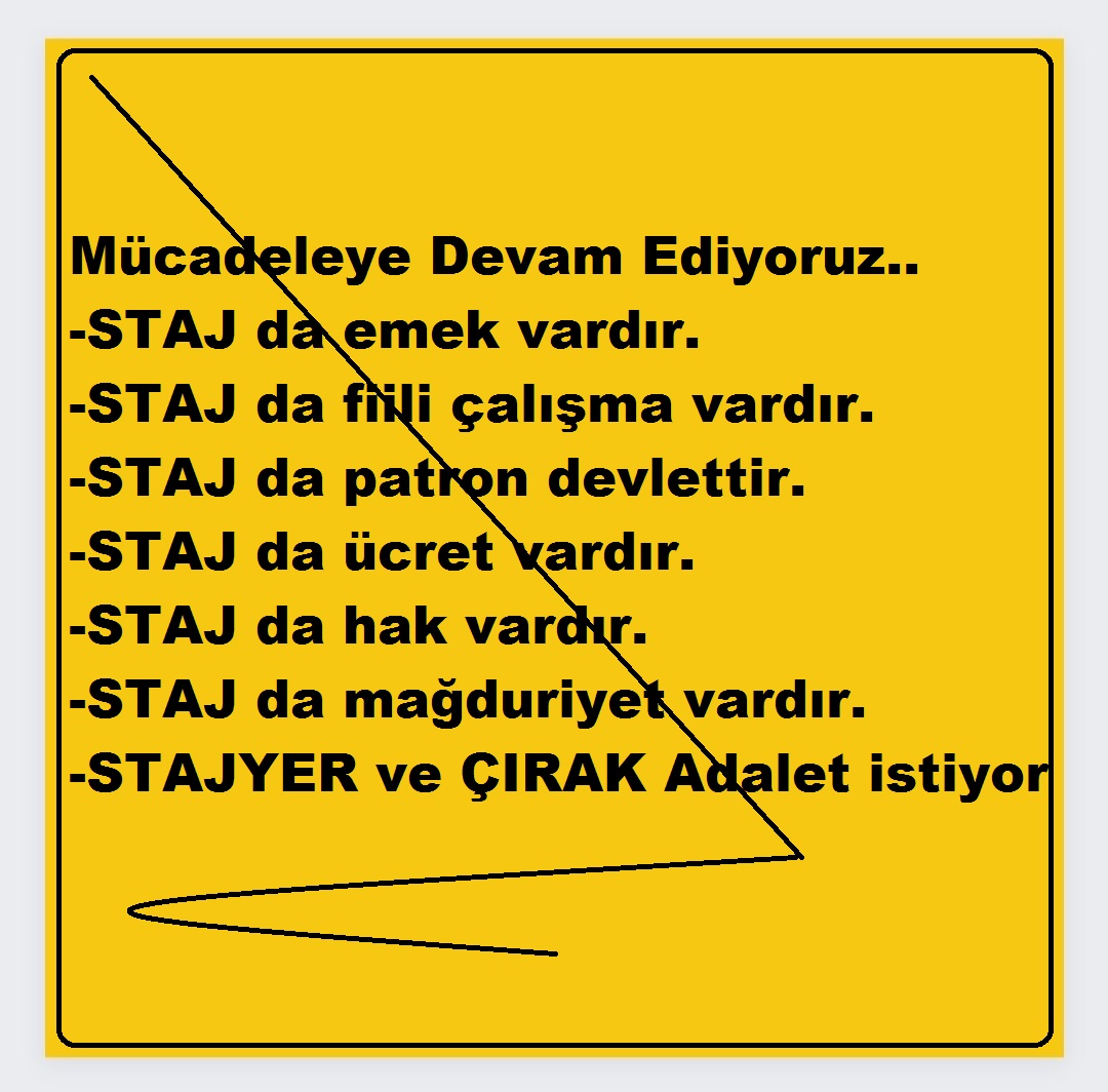 Bu mağduriyet.
Çocuk yaşta çalışıp, emeğinin karşılığı başlangıç sayılmayanların, Ssk kartı ve Ssk Numarası verilip Ssk'sı başladı diye aldatılanların kul hakkı mücadelesidir 
<a href="/RTErdogan/">Recep Tayyip Erdoğan</a>
<a href="/dbdevletbahceli/">Devlet Bahçeli</a>
@ErbakanFatih
<a href="/eczozgurozel/">Özgür Özel</a>

Medya Sesimiz Ol
#ÇırakStajyerMeydanlarıSalladı