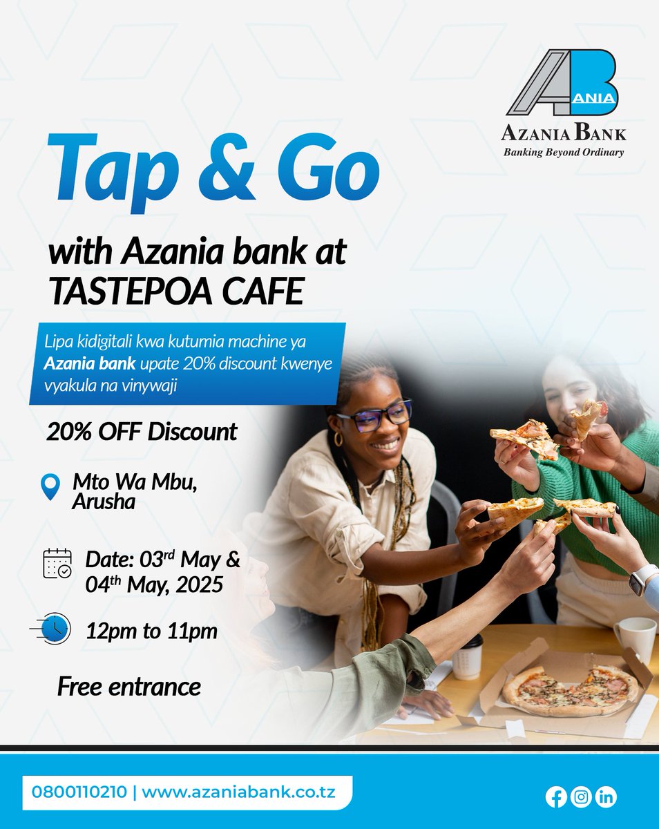 azaniaBank_ltd's tweet photo. Weeekend hii ofa ya manunuzi ni TastePoa Cafe,Mto wa Mbu,Arusha.
Karibu upate punguzo la 20% ukinunua chakula au vinywaji na kulipa kupitia mashine yetu ya POS.
Lipa,pata punguzo TastePoa tu!
#azaniadigital #Benkikapopote #azaniabank https://t.co/rnuhpX62Mk