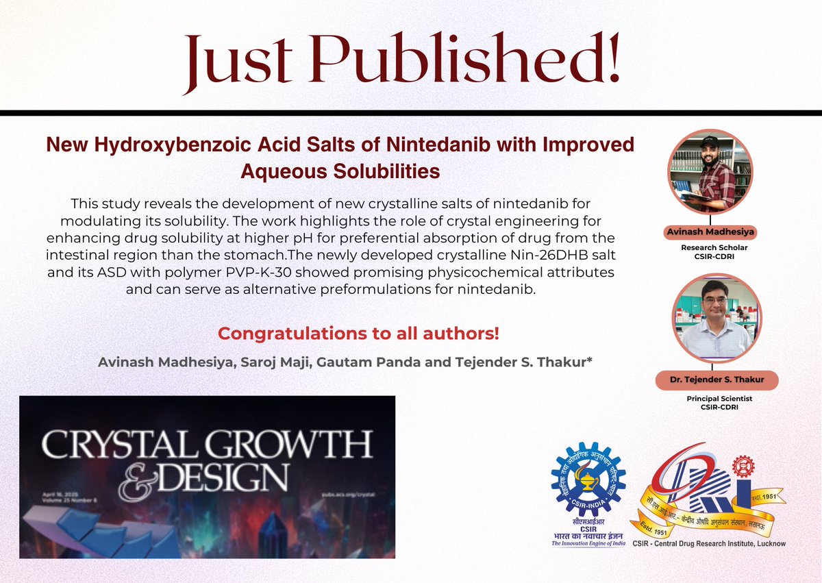 CDRI-Academy and Research (@cdriacademy) on Twitter photo #JustPublished
New hydroxybenzoic acid salts of nintedanib show enhanced solubility & intestinal absorption.
💡 From Dr. Tejender S. Thakur’s lab <a href="/CSIR_CDRI/">CSIR-CDRI</a> , led by first author Avinash Madhesiya. <a href="/kumaravilu/">Avinash Madhesiya 🇮🇳</a>
<a href="/tejender_thakur/">Tejender S. Thakur 🇮🇳</a>
Read the article here: pubs.acs.org/doi/full/10.10… #JustPublished
New hydroxybenzoic acid salts of nintedanib show enhanced solubility & intestinal absorption.
💡 From Dr. Tejender S. Thakur’s lab <a href="/CSIR_CDRI/">CSIR-CDRI</a> , led by first author Avinash Madhesiya. <a href="/kumaravilu/">Avinash Madhesiya 🇮🇳</a>
<a href="/tejender_thakur/">Tejender S. Thakur 🇮🇳</a>
Read the article here: pubs.acs.org/doi/full/10.10…