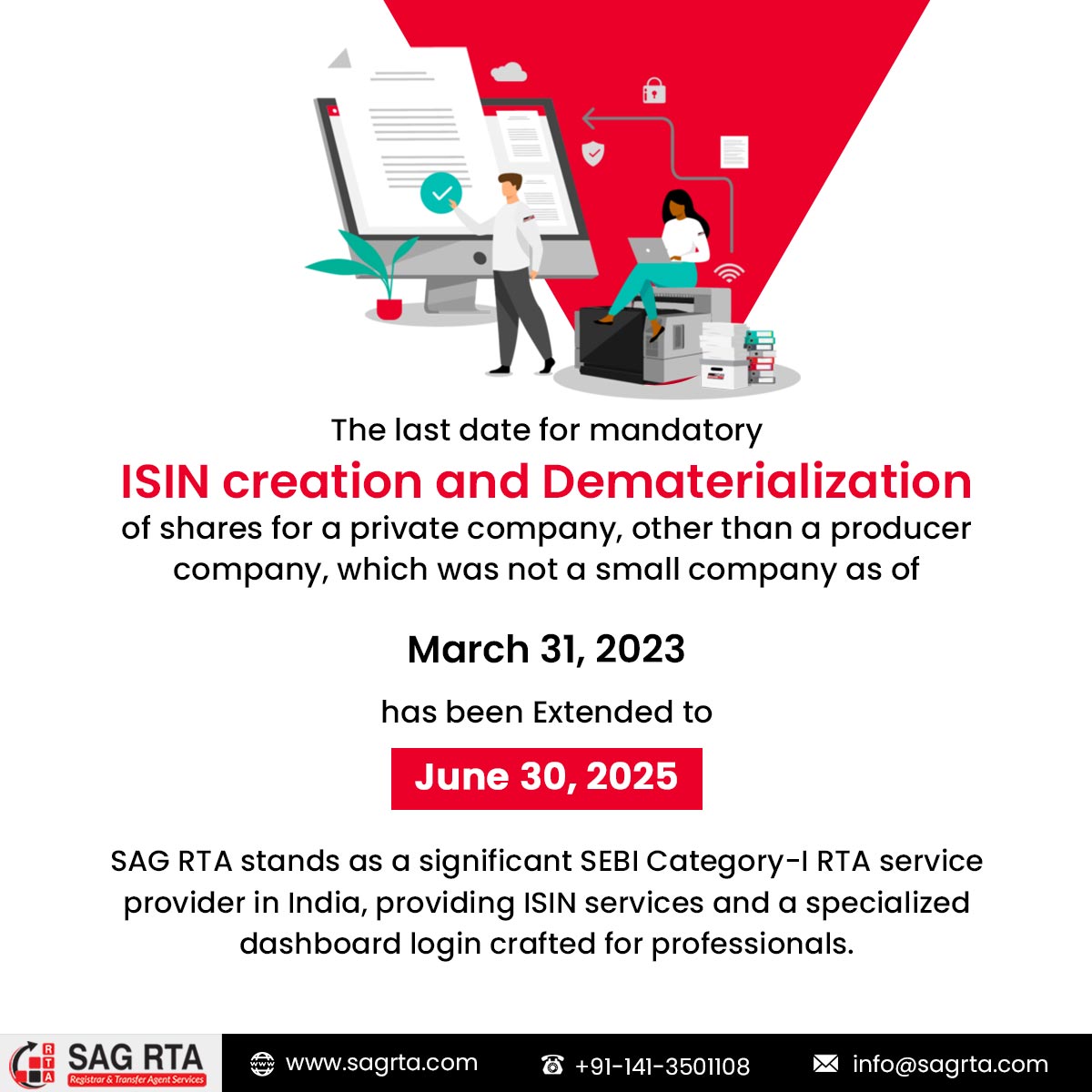 sag_rta's tweet image. The deadline for mandatory ISIN creation & share dematerialization for eligible private companies is now June 30, 2025.
Get more: bit.ly/3UwkjF9
#ISIN #Dematerialization #ComplianceUpdate #PrivateCompanies #RegistrarandShareTransferAgent #RTAservices #RTAforms #RTA