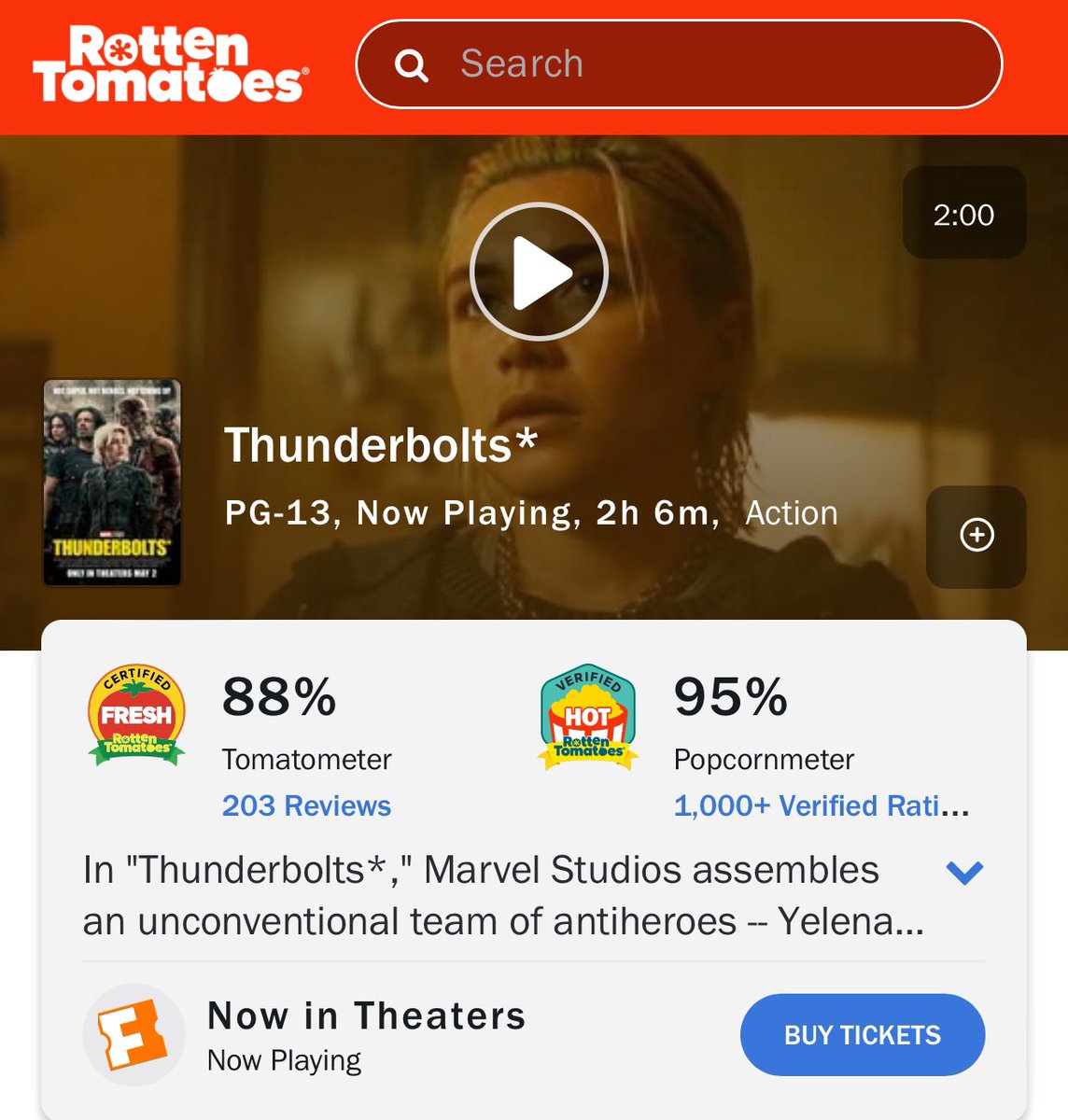 cosmic_marvel's tweet photo. ‘THUNDERBOLTS*’ debuts with a 95% Audience Score on Rotten Tomatoes. https://t.co/NmshfPGffk