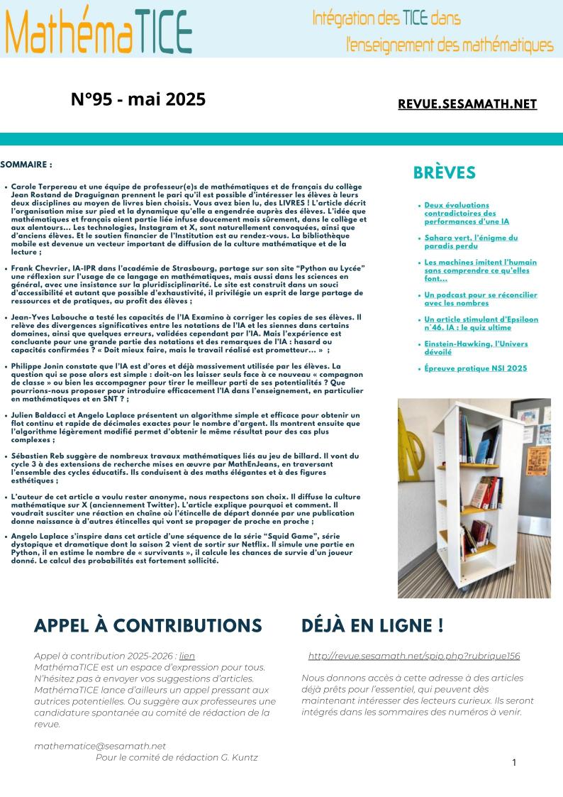 MathemaTICEel's tweet image. Le numéro 95 de la revue est en ligne !
Avec sa brochure de présentation donnant les liens vers les articles :
urls.fr/T87WDJ