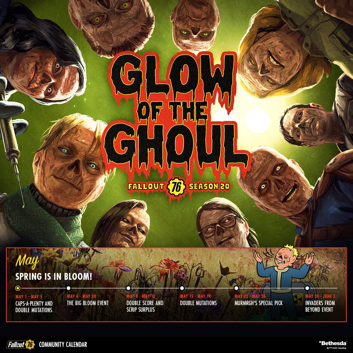 Check out the updated calendar for May in #Fallout76 📅 

Our new seasonal event The Big Bloom starts on 6 May with Invaders from Beyond right after it on 20 May 👀 Mutated Public Events come back in June! 🤝 

What are you looking forward to?