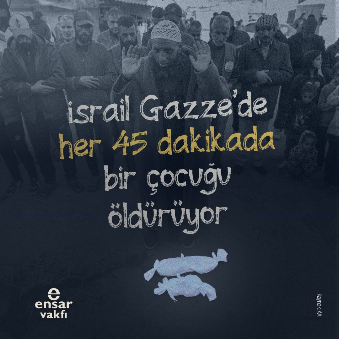 📍Dünyanın gözü önünde, sessizliğin ortasında Gazze’de her 45 dakikada bir çocuk hayatını kaybediyor.

Yalnızca bir sayı değil bu.
Bir hayat. Bir nefes. Bir hayal.
Ve o hayal, bombalarla toprağa gömülüyor.