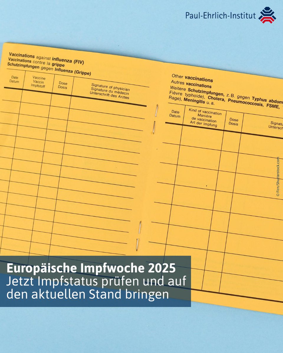 Die Europäische Impfwoche bietet eine gute Gelegenheit, den eigenen Impfstatus zu überprüfen und versäumte Impfungen – insbesondere gegen Masern und HPV – nachzuholen. 
Mehr über die #EuropäischeImpfwoche und die empfohlenen Impfungen erfahren 👉 pei.de/DE/newsroom/hp…