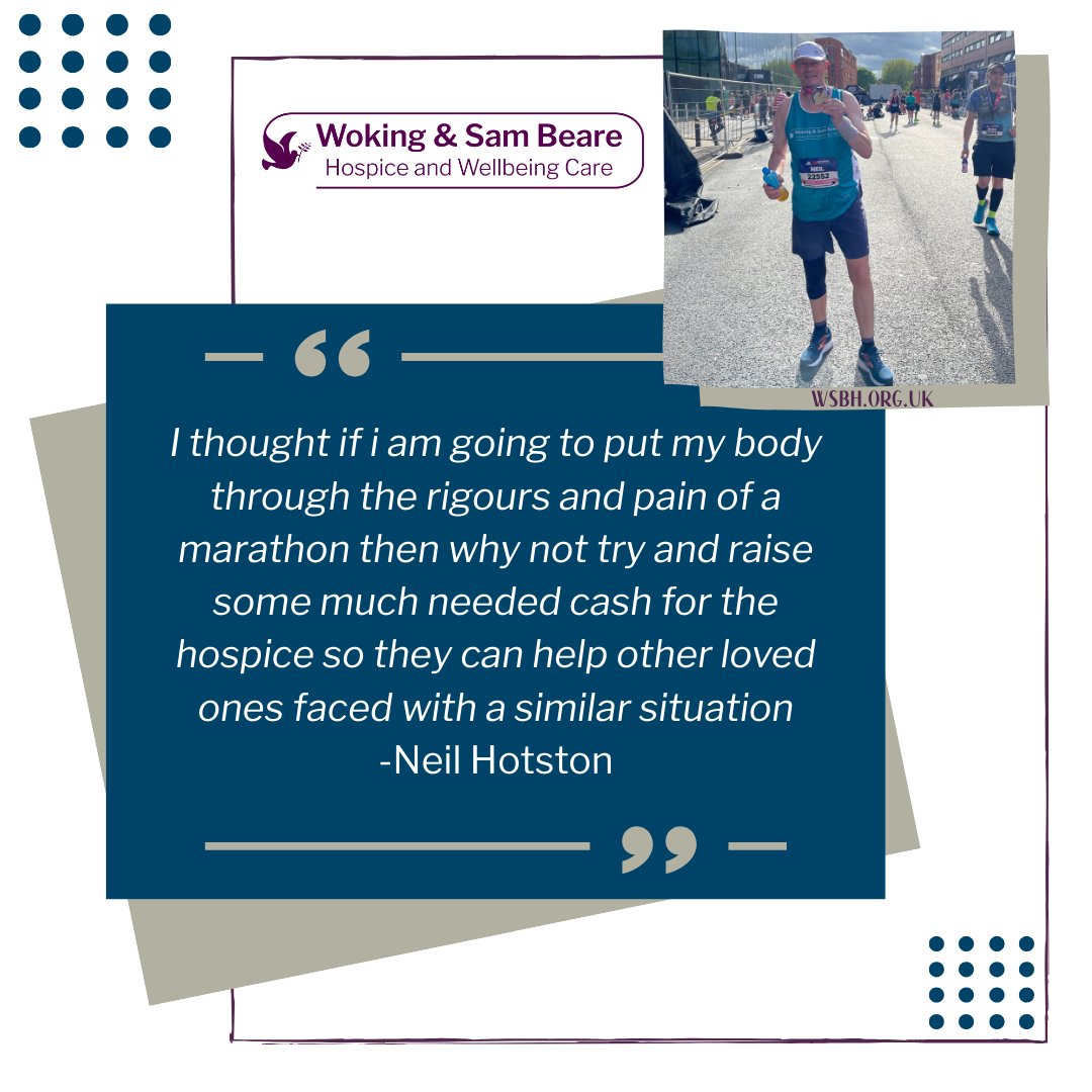 A big thank you and well done to Neil who ran the Manchester Marathon on Sunday and raised funds for the Hospice in memory of his Mother in law. 

See his lovely quote from the day.

#Thankyou #Challengeevent #Marathon #Wecouldntdowhatwedowithoutpeoplelikeyou