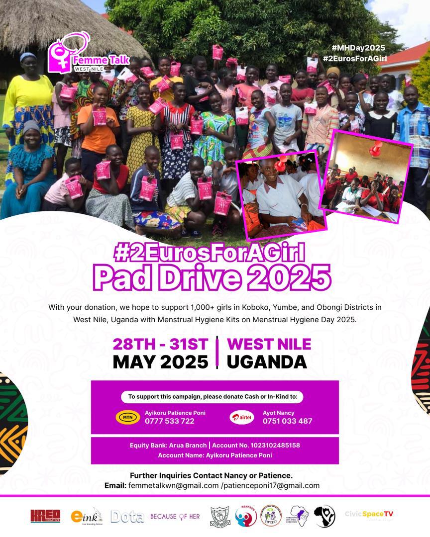 Young Leaders Network (@ylfalumni) on Twitter photo One of our Alumni from the 2020 Cohort <a href="/PeshPoni/">Patience Poni Ayikoru ๐ฉ๐ฟโ๐ผ</a> is organizing a PadDrive 2025 in West Nile. <a href="/femmetalk_WN/">Femme Talk_WestNile</a>
Let's join her by sending in 2EurosForAGirl or any contribution that we have. For more information please find it attached to the flyer.
Together we can transform One of our Alumni from the 2020 Cohort <a href="/PeshPoni/">Patience Poni Ayikoru ๐ฉ๐ฟโ๐ผ</a> is organizing a PadDrive 2025 in West Nile. <a href="/femmetalk_WN/">Femme Talk_WestNile</a>
Let's join her by sending in 2EurosForAGirl or any contribution that we have. For more information please find it attached to the flyer.
Together we can transform