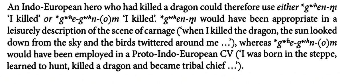 "[...] whereas *gʷʰe-gʷʰn-(o)m would have been employed in a Proto-Indo-European CV [...]" 

(Andreas Willi, 'Of aspects, augments, aorists - or how to say to have killed a dragon')