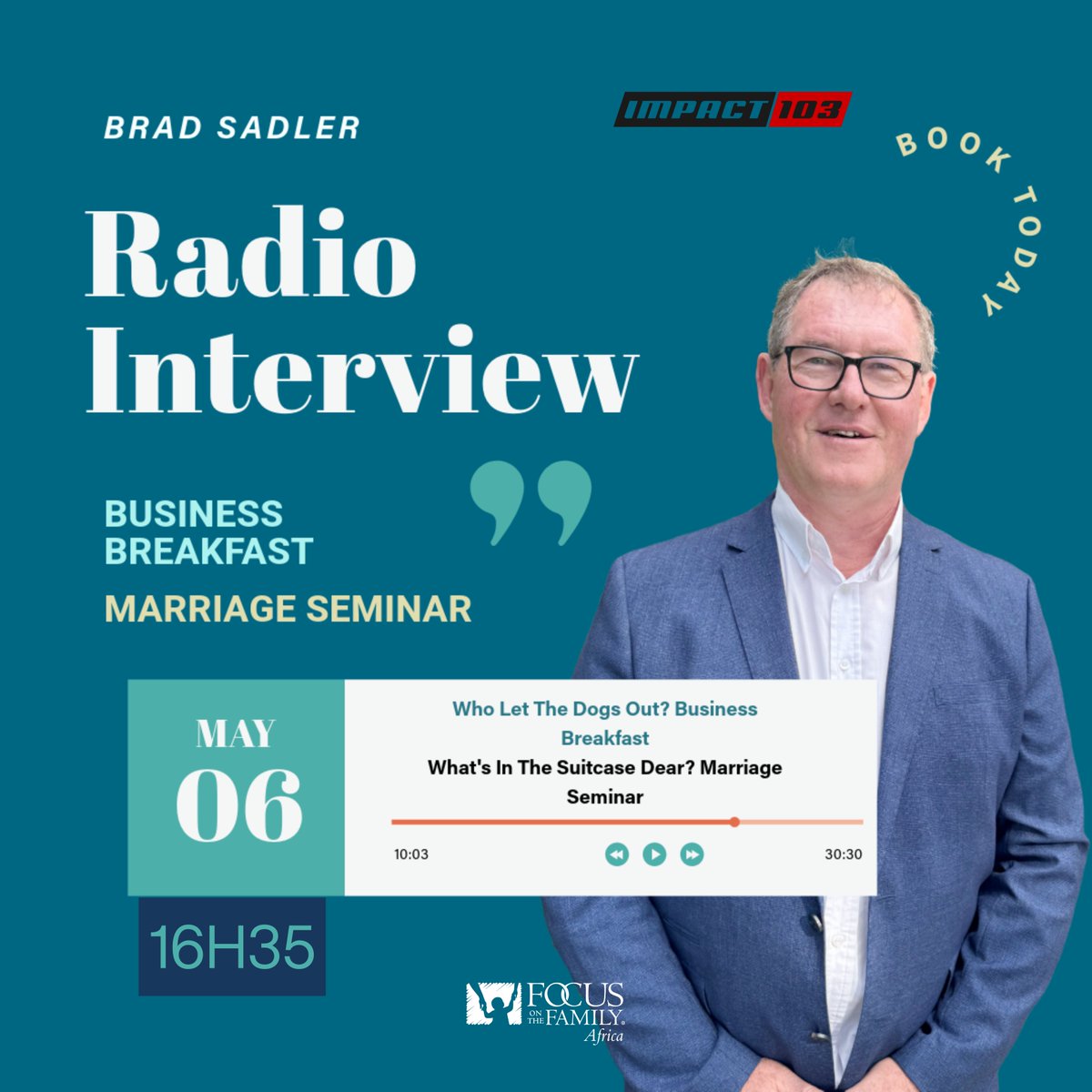 Join the chat! Brad Sadler will be LIVE on <a href="/impact103/">Impact Radio 103 FM</a> Radio Today at 16H35!

He will be talking about the Business Breakfast and Marriage Seminars happening in Cape Town, Pretoria and Klerksdorp this May!

Stream online: impactradio.co.za/audio-streamin…

#MarriageSeminar #ImpactRadio