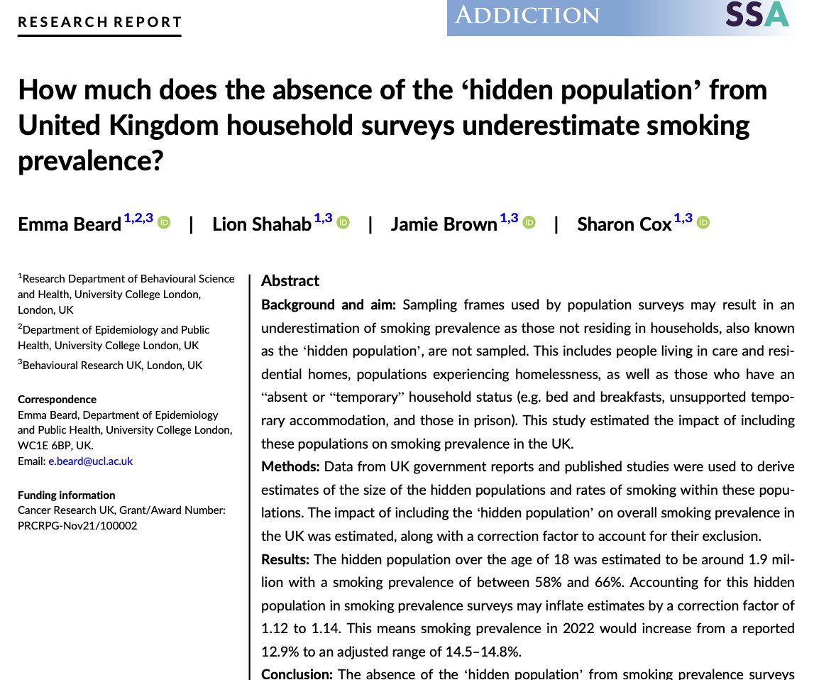 Sharon Cox (@sharon_acox) on Twitter photo This paper led by <a href="/DrEVBeard/">Dr Emma V Beard</a> is an important development in how to include hidden and missing populations in smoking prevalence estimates. The absence of the ‘hidden population’ from current estimates leads to underestimation of smoking rates in the UK.
onlinelibrary.wiley.com/doi/10.1111/ad… This paper led by <a href="/DrEVBeard/">Dr Emma V Beard</a> is an important development in how to include hidden and missing populations in smoking prevalence estimates. The absence of the ‘hidden population’ from current estimates leads to underestimation of smoking rates in the UK.
onlinelibrary.wiley.com/doi/10.1111/ad…