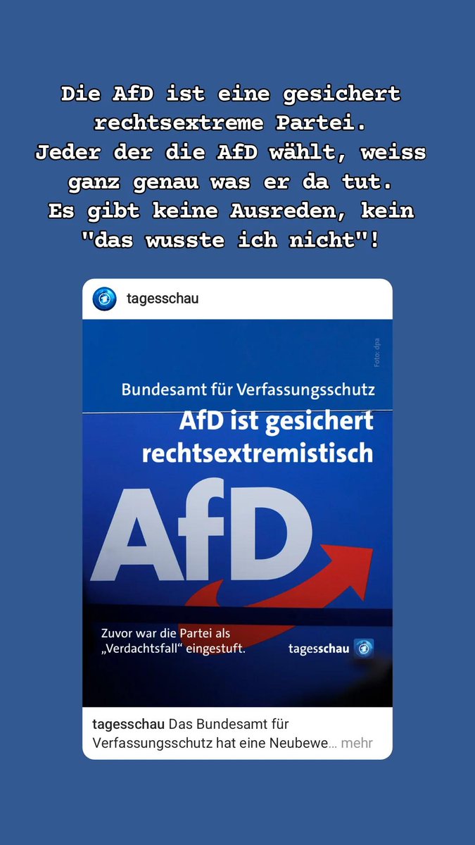 Ulrike_1985's tweet photo. Die AfD ist eine gesichert rechtsextreme Partei.
Jeder der die AfD wählt, weiss ganz genau was er da tut.
Es gibt keine Ausreden, kein "das wusste ich nicht"!
#NaziswählenNazis
#NieWiederIstJetzt https://t.co/qvIKE3vImA