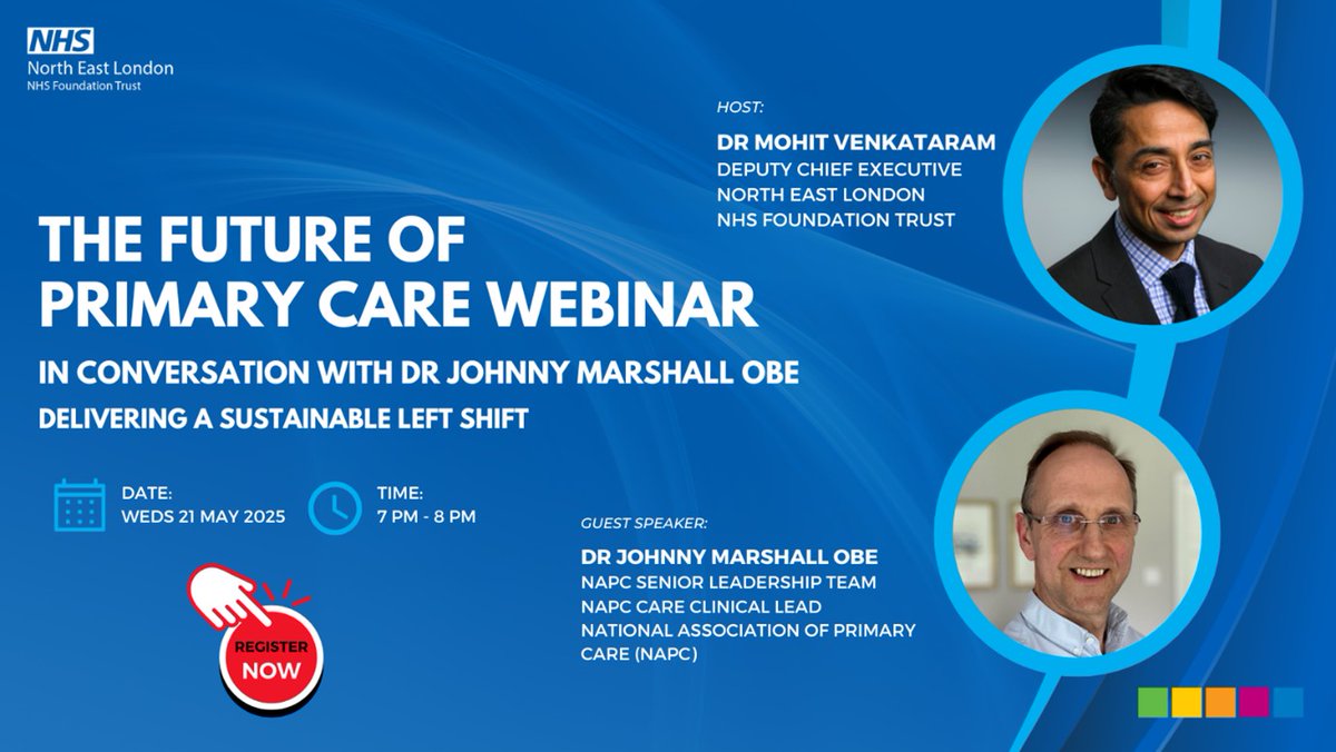 Join Dr Mohit Venkataram in conversation with <a href="/marshall_johnny/">Johnny Marshall</a> on Wednesday 21 May at 7pm on Zoom, where they will be discussing Delivering a sustainable left shift 

Register for the event here: us06web.zoom.us/webinar/regist…

<a href="/NELFT/">North East London NHS Foundation Trust (NELFT)</a> #LeftShift #Sustainable #NHS #PrimaryCare