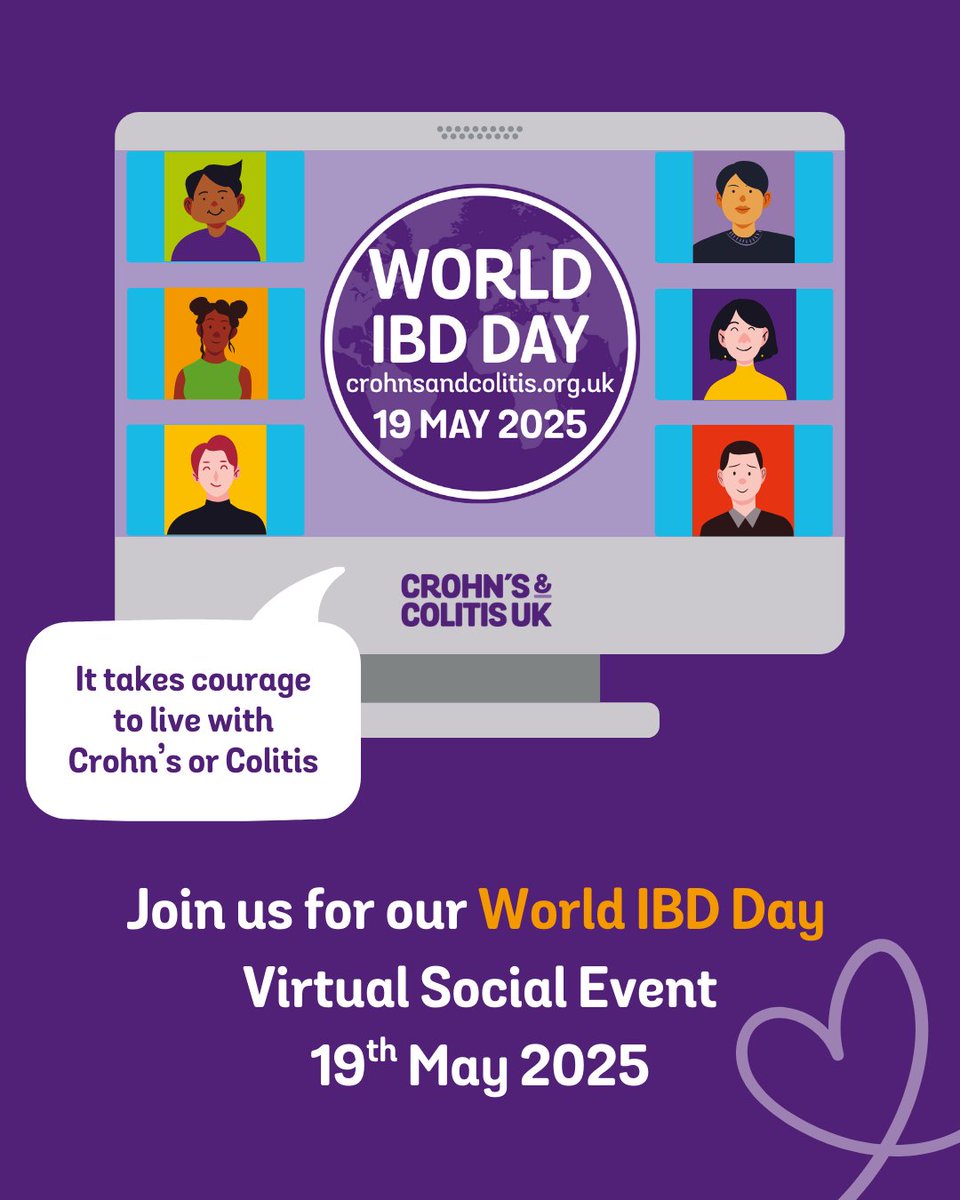 Join us on World IBD Day (19th May) at our virtual social event! Giving you the chance to chat, share experiences and potentially learn from others affected by Crohn's or Colitis.

Register Today: 
ow.ly/6Y2A50VLOa7 

#WorldIBDDay