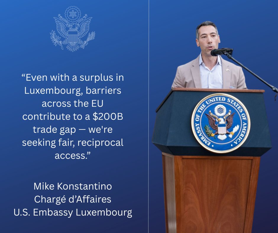 USEmbLuxembourg's tweet photo. The United States is one of the most open economies in the world — but many of our trading partners, including in the EU, still put up barriers to our exports.  Even when we run a trade surplus with countries like Luxembourg, barriers make trade less fair and contribute to an overall $200 billion deficit in goods with the EU.