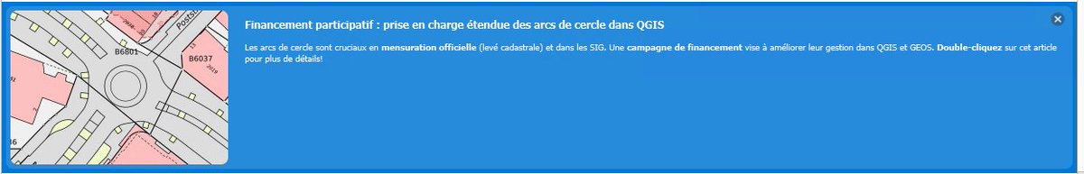 Financement participatif pour #GEOS et #QGIS (#PostGIS #GRASS,  etc) : le support complet d'une  nouvelle primitive géométrique, les « arcs de cercle » (démarrée en 2024 pour une livraison fin 2026). Pour contribuer : tinyurl.com/mw8k8n8s
OPENGIS.ch #GIS #SIG