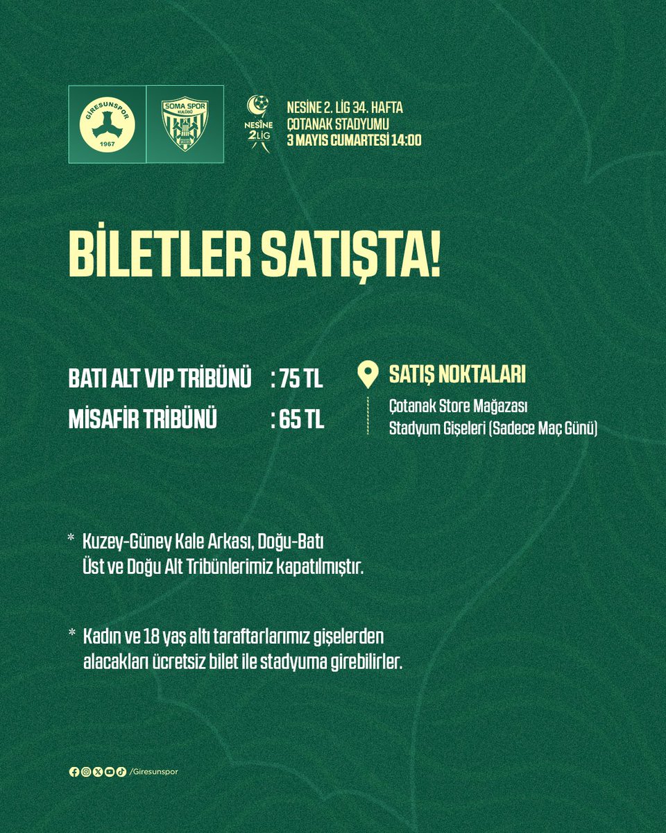 Nesine 2. Lig’in 34. haftasında oynayacağımız Somaspor maçının biletleri satışta!

Satış Noktaları:
Çotanak Store Mağazası
Stadyum Gişeleri (Sadece Maç Günü)

Kuzey-Güney Kale Arkası, Doğu-Batı Üst ve Doğu Alt Tribünlerimiz kapatılmıştır.
🎟️ Kadın ve 18 yaş altı taraftarlarımız