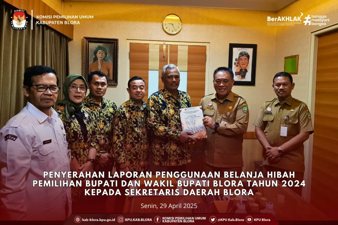 #TemanPemilih KPU Kabupaten Blora melakukan Penyerahan Laporan Belanja HIBAH Pemilihan Bupati dan Wakil Bupati Blora Tahun 2024 kepada Sekretaris Daerah Kabupaten Blora.

Penyerahan dilakukan pada hari Senin, 28 April 2025.

#KPUMelani