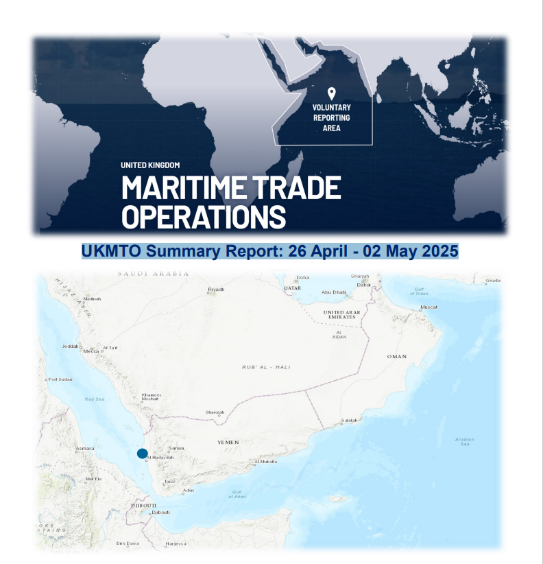 UKMTO Summary Report: 26 April - 02 May 2025

ukmto.org/ukmto-products…

#MaritimeSecurity #MarSec