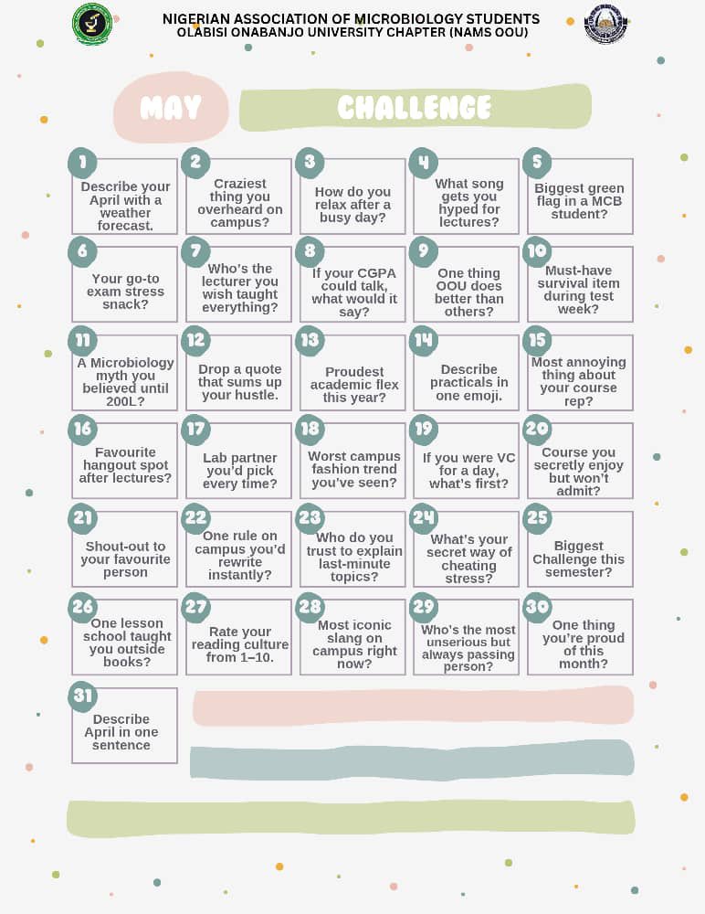 NAMS_OOU's tweet image. MAY CHALLENGE
Powered by the Wu-Tang Led Administration

31 days. 31 prompts. One loud NAMS vibe.
From student hustle to campus gist, it’s your time to speak up, show out, and stay real.

Drop your takes. Tag your squad. Let’s run April proper!
#AprilChallenge #WuTangLed