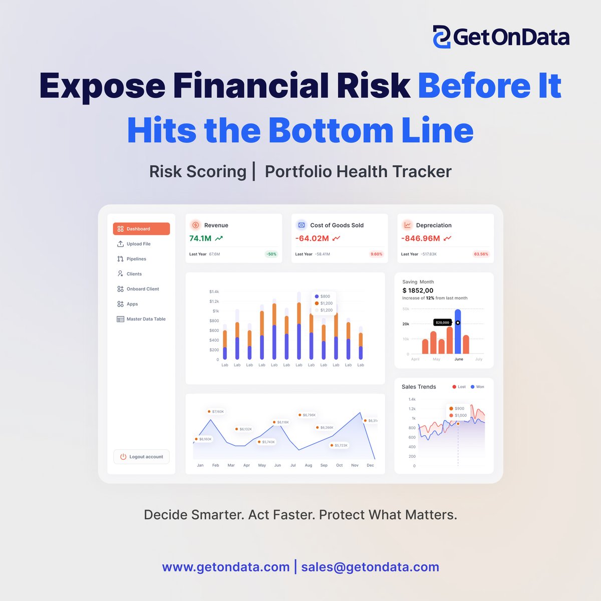 getondata's tweet photo. Betting on a portfolio you can’t see clearly? 🤔

Our dashboard reveals cracks, risk scores 
vulnerabilities, and tracks revenue in real time. 📊

No guesswork—just data-backed decisions. ⚡

#FinanceInnovation #CFO #RiskManagement #GetOnData https://t.co/JdGZHAsluu