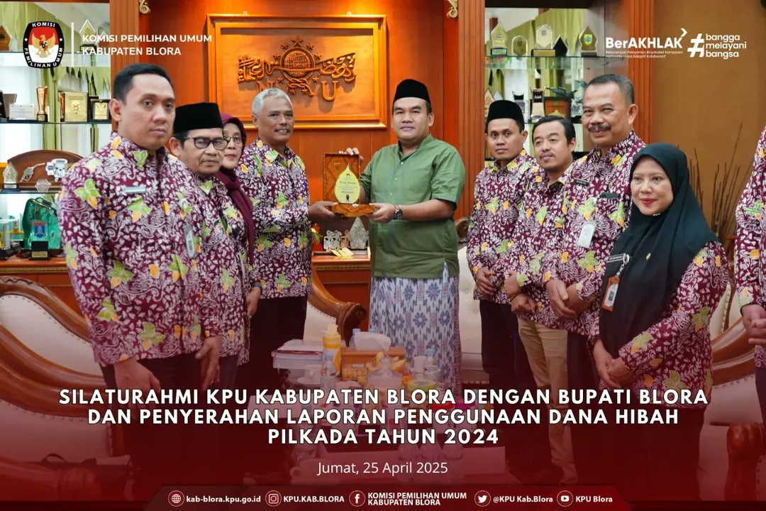 #TemanPemilih KPU Kabupaten Blora melaksanakan Silaturahmi dengan Bupati Blora <a href="/ariefrohman838/">Arief Wabup Blora</a> sekaligus penyerahan Laporan Penggunaan Dana Hibah Pilkada Tahun 2024.

#KPUMelayani