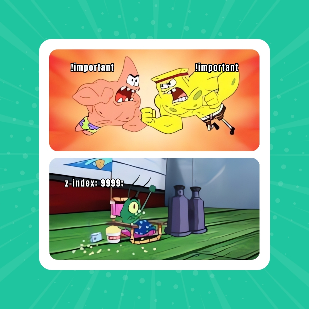 zydniofficial's tweet image. CSS be like:
!important fighting for dominance 💪
While z-index: 9999 is just vibing and still getting ignored 😂
#WebDevLife #CSSProblems #FrontendFun #CodeStruggles #DevHumor