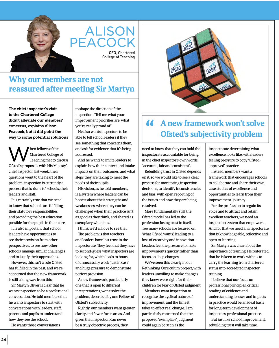TeacherToolkit's tweet image. A new framework won’t solve Ofsted&apos;s subjectivity problem ... 

As FCCT of the Chartered College, we/I have lost trust in the inspection process. We are still second-guessing inspectors&apos; views, and the proposed report cards are a retrograde step! 

#OfstedReform