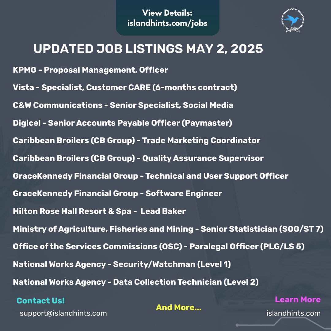 Explore new roles now hiring:

🔗 Apply Now: islandhints.com/jobs

⚠️ Applications are not submitted on our website. Visit each listing for full details.

📣 Tag someone job hunting and follow <a href="/islandhints/">Islandhints</a> for more updates!

#JobsInJamaica #IslandHints #NowHiringJA