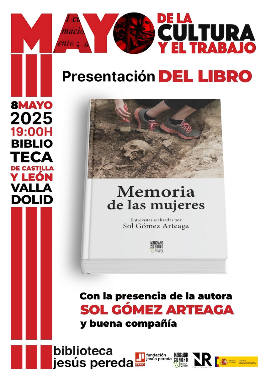 Fundación Jesús Pereda de CCOO Castilla y León (@fjpcyl) on Twitter photo El 7 de mayo en <a href="/ateneocultural/">Área de Actividades Culturales Universidad de León</a> en León, y el 8 de mayo en <a href="/bclvalladolid/">Biblioteca de Castilla y León</a> en Valladolid, podremos compartir a las 19h00 la Memoria de las mujeres que ha elaborado Sol Gómez Arteaga con los testimonios de veinticinco mujeres. El 7 de mayo en <a href="/ateneocultural/">Área de Actividades Culturales Universidad de León</a> en León, y el 8 de mayo en <a href="/bclvalladolid/">Biblioteca de Castilla y León</a> en Valladolid, podremos compartir a las 19h00 la Memoria de las mujeres que ha elaborado Sol Gómez Arteaga con los testimonios de veinticinco mujeres.
