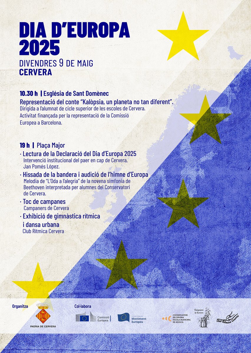 🇪🇺 La Paeria de Cervera torna a organitzar activitats, divendres 9 de maig, amb motiu del Dia d'Europa.

➡️ És el segon any que la ciutat commemora l'efemèride.
➡️ Enguany amplia la programació amb un conte per a escolars gràcies a la col·laboració de la <a href="/ComissioEuropea/">Comissió Europea 🇪🇺</a>.