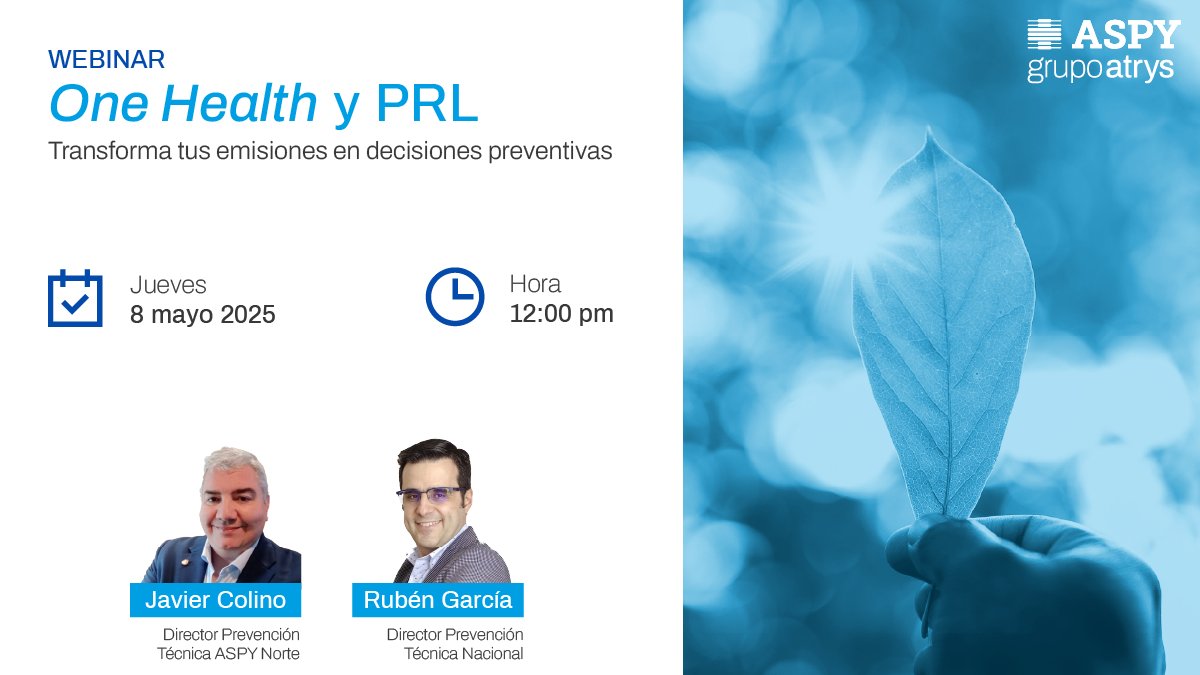 Te invitamos al #webinar "One Health y PRL: Un concepto preventivo de Salud Integral 360º", en el que podrás conocer: 
1- El concepto #OneHealth.
2- Las implicaciones de la nueva #normativa.
3- Cómo desde ASPY podemos ayudarte. 

Inscripción gratis➡️ bit.ly/4iUqcaZ