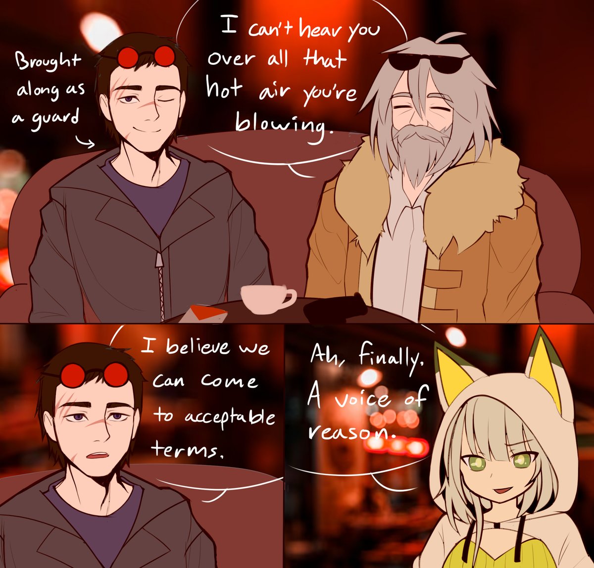 Tarsanov95's tweet photo. Grandpa's adventures in Lungmen with Tacet as his bodyguard (turned drinking buddy). Grandpa Doctor belonging to @MelonLoverGuin.
#アークナイツ #明日方舟 #Arknights #Provence #プロヴァンス #Tacet #Kaltsit https://t.co/q4GFg2km01