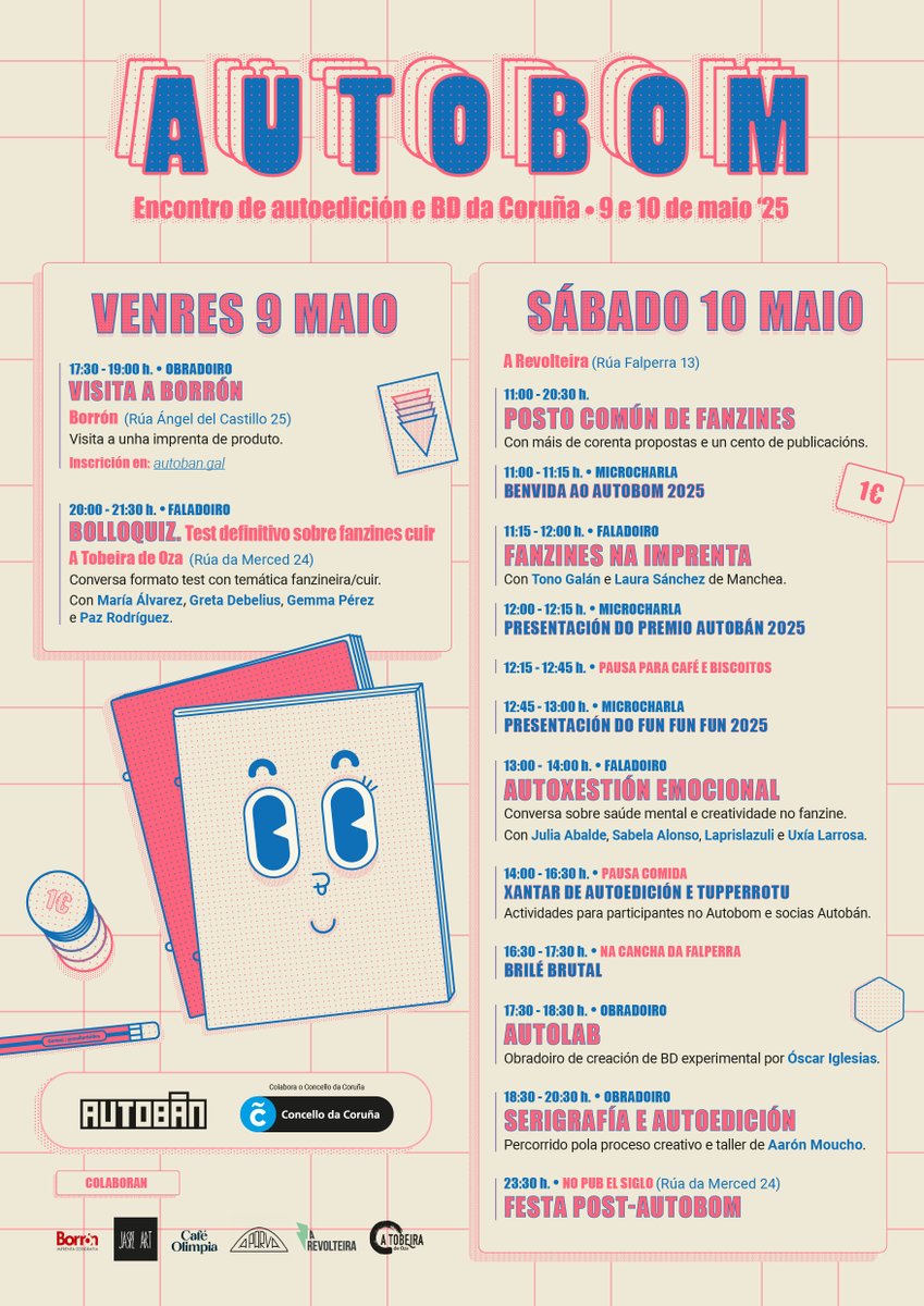 #Coruña | #Autobom celebrarase o 9 e 10 de maio con faladoiros, obradoiros, xantar popular, fanzines e festa. 

Organiza <a href="/AutobanBD/">Autobán</a> coa participación de máis de 40 proxectos. A artista Gemma Pérez asina o cartel desta edición dedicada á autoedición e BD alternativa.