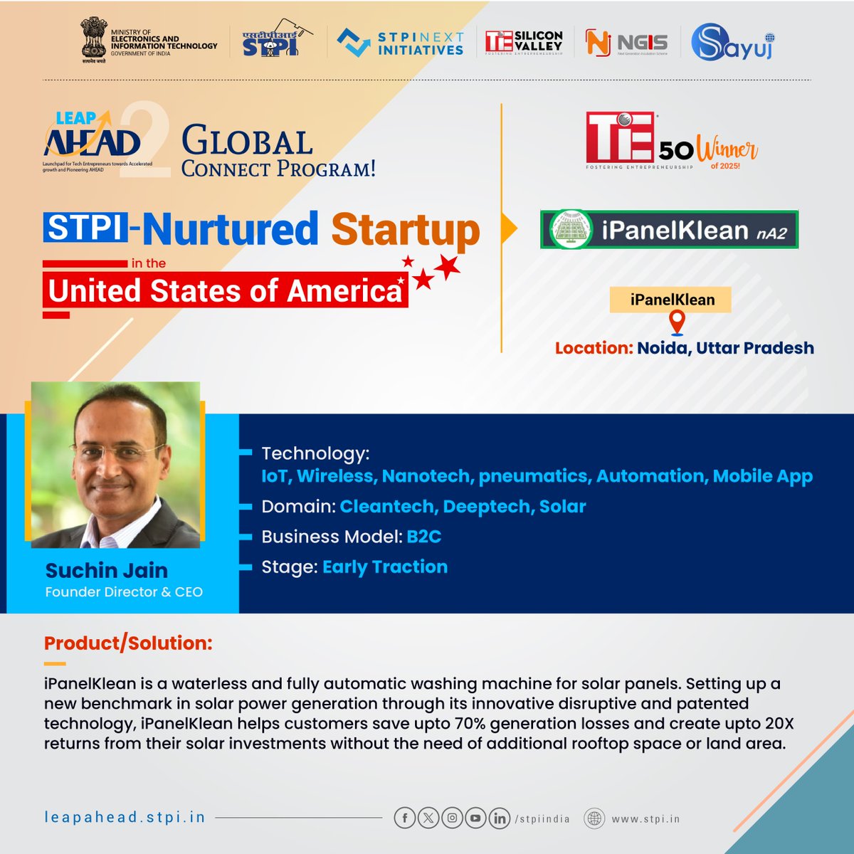 STPI (@stpiindia) on Twitter photo 🌟 A Proud Moment for Indian Innovation!
STPI-nurtured startup, M/s <a href="/IpanelKlean/">ipanelKlean</a> Solar Private Limited, has been recognized as a #TiE50 Winner and is proudly representing India’s tech excellence on the global stage in 🇺🇸 USA, as part of the 2nd Edition of the Leap Ahead Global 🌟 A Proud Moment for Indian Innovation!
STPI-nurtured startup, M/s <a href="/IpanelKlean/">ipanelKlean</a> Solar Private Limited, has been recognized as a #TiE50 Winner and is proudly representing India’s tech excellence on the global stage in 🇺🇸 USA, as part of the 2nd Edition of the Leap Ahead Global