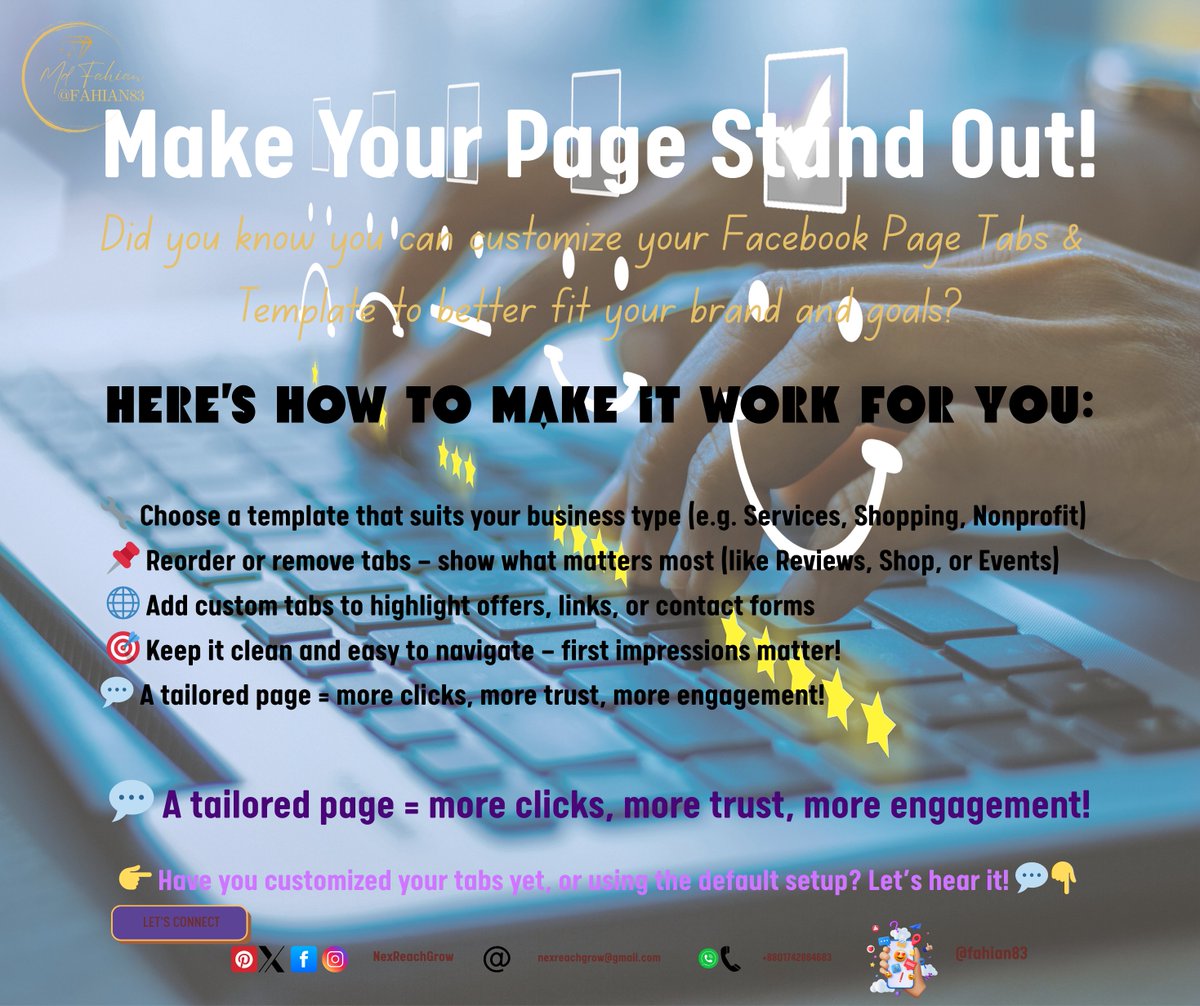 nexreachgrow's tweet image. 🎨 Make Your Page Stand Out! 🧩
Did you know you can customize your Facebook Page Tabs & Template to better fit your brand and goals? 💡✨
#PageOptimization #FacebookTips #GrowWithFahian #NexReachGrow #SocialMediaSuccess