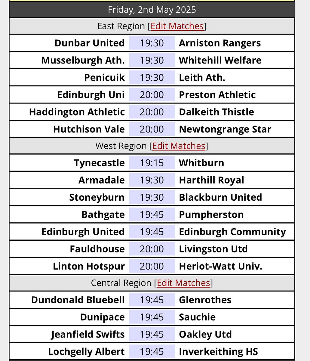 Here is this weeks  fixtures:

Get yourself along to a game and enjoy the Friday night ⚽️.

Musselburgh will be rewarded with the league trophy tonight so congratulations to them.