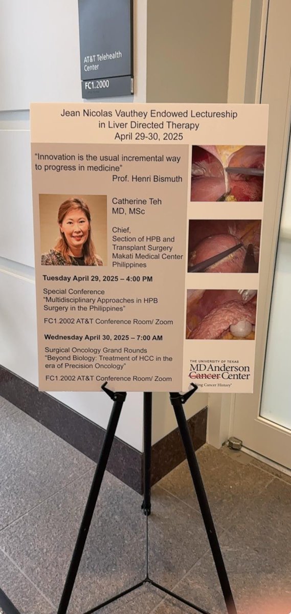 Catherine Teh 陳婉然🇵🇭 (@hpbsurgeon1) on Twitter photo Very honored to deliver the <a href="/VautheyMD/">Jean-Nicolas Vauthey MD</a> Endowed Lectureship at @MDAnderson Surg Onc GR on managing HCC in low-resource settings—a story of surgical innovation, equity, & hope. Grateful for the opportunity to share our work. #GlobalSurgery #HCC #QOL <a href="/MDAndersonNews/">MD Anderson Cancer Center</a> <a href="/CDTzeng/">Ching-Wei D. Tzeng</a> Very honored to deliver the <a href="/VautheyMD/">Jean-Nicolas Vauthey MD</a> Endowed Lectureship at @MDAnderson Surg Onc GR on managing HCC in low-resource settings—a story of surgical innovation, equity, & hope. Grateful for the opportunity to share our work. #GlobalSurgery #HCC #QOL <a href="/MDAndersonNews/">MD Anderson Cancer Center</a> <a href="/CDTzeng/">Ching-Wei D. Tzeng</a>