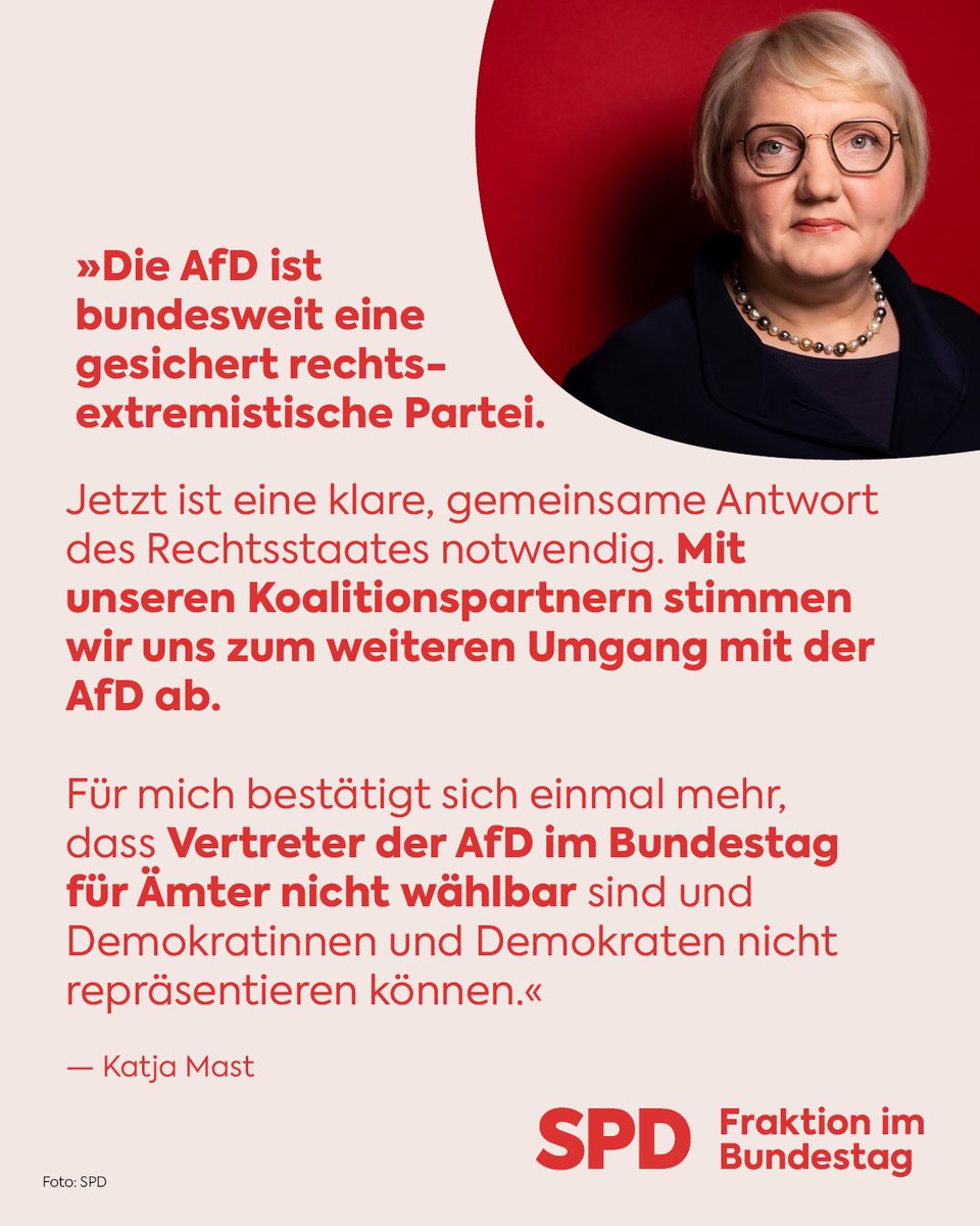 SPD-Fraktion im Bundestag (@spdbt) on Twitter photo AfD ist gesichert rechtsextrem! „Mit unseren Koalitionspartnern stimmen wir uns zum weiteren Umgang mit der AfD ab“, kündigt <a href="/KatjaMast/">Katja Mast</a> an. Es bestätigt sich, dass AfD-Vertreter im Bundestag für Ämter nicht wählbar sind und Demokrat:innen nicht repräsentieren können. AfD ist gesichert rechtsextrem! „Mit unseren Koalitionspartnern stimmen wir uns zum weiteren Umgang mit der AfD ab“, kündigt <a href="/KatjaMast/">Katja Mast</a> an. Es bestätigt sich, dass AfD-Vertreter im Bundestag für Ämter nicht wählbar sind und Demokrat:innen nicht repräsentieren können.