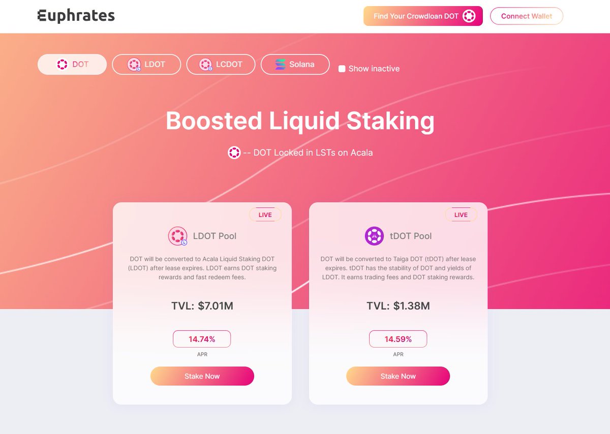 Black322_'s tweet photo. 🚀 Boost your $DOT with liquid staking on Euphrates!
🔹 #LDOT Pool: 14.74% APR
🔹 #tDOT Pool: 14.59% APR
🌸 Start earning now with @AcalaNetwork fast redeem fees and staking rewards.
https://t.co/OW1ol1oOd4
#AcalaNetwork #Acala #ACA $ACA #DeFi #Polkadot #DOT #Web3 https://t.co/hENV2Rkrsz