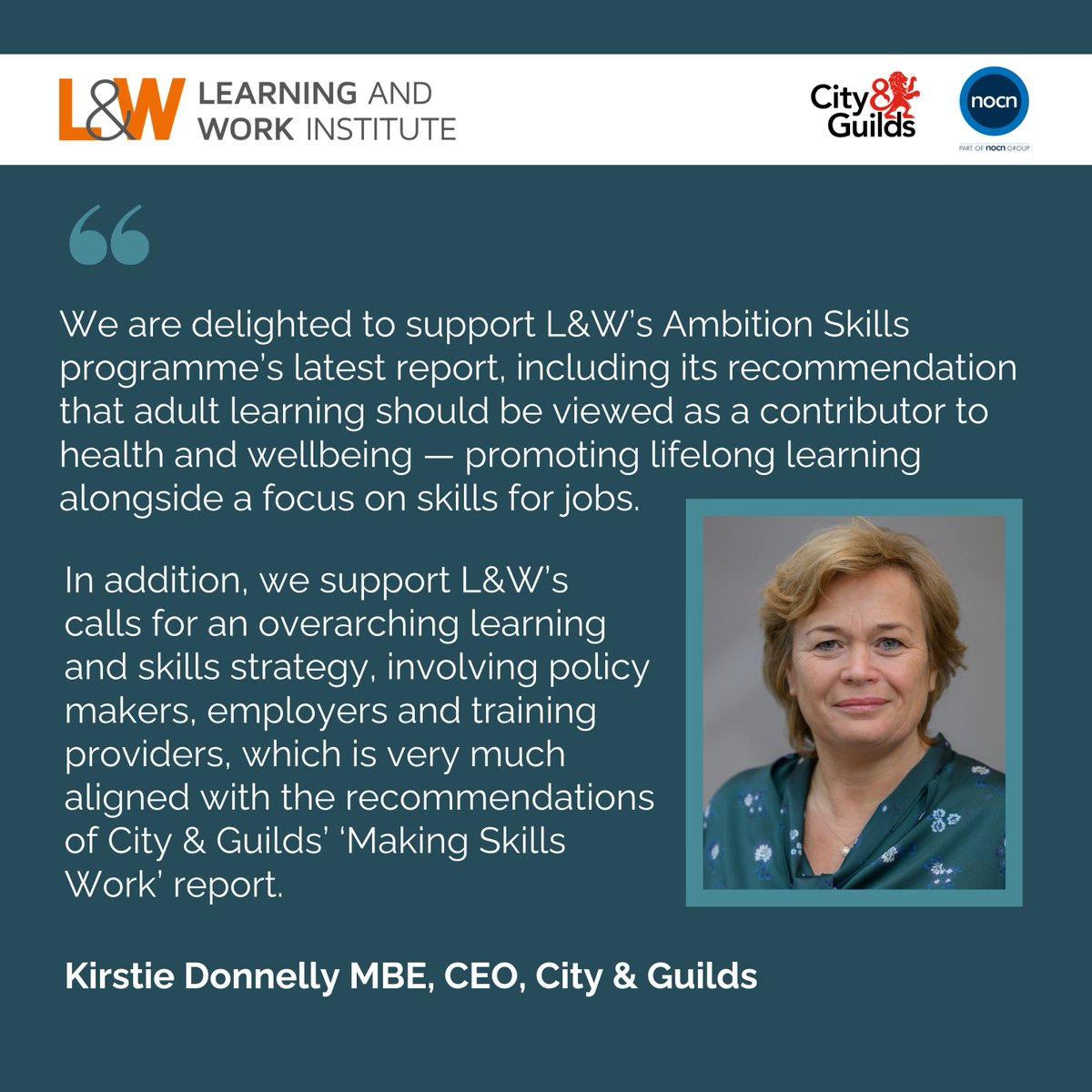 “We support L&amp;W’s calls for an overarching learning and skills strategy, involving policy makers, employers and training providers.”

💬<a href="/cityandguilds/">City & Guilds</a> chief exec <a href="/K_DonnellyCEO/">Kirstie Donnelly MBE</a>