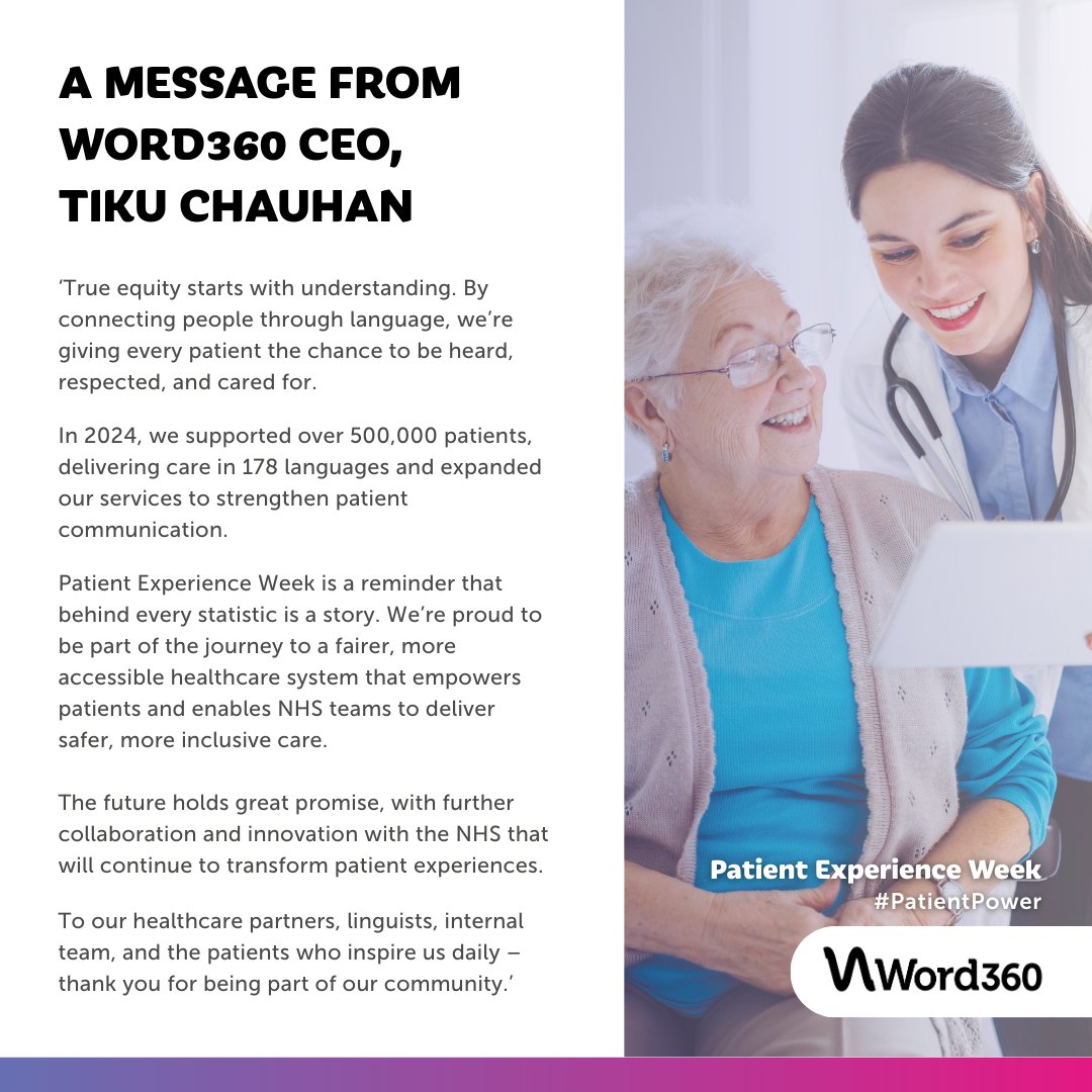 💬 A message from our CEO, Tiku Chauhan…

As Patient Experience Week comes to an end, we thought it would be a great time to share a message from Tiku about his thoughts on equity in healthcare and the future.

#PatientPower #PEW2025 #NHSinterpreting #interpreting #translation