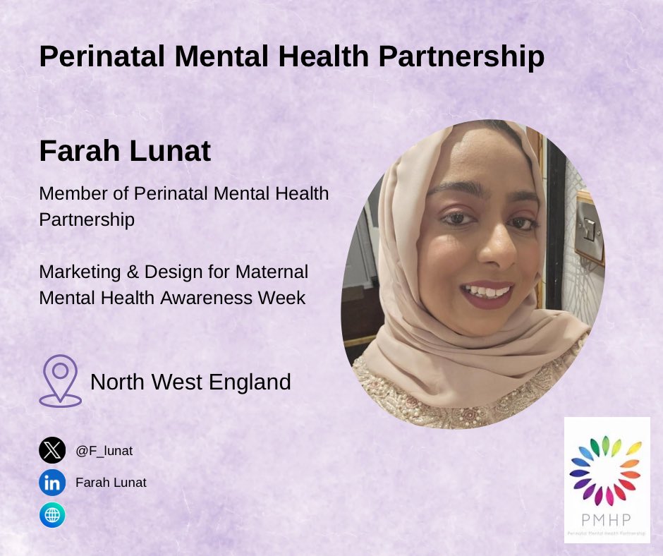 PMHP UK (@pmhpuk) on Twitter photo Meet the PMHP team 💜
We would like to introduce you to the Perinatal Mental Health Partnership member <a href="/F_lunat/">Farah Lunat</a>, based in North West. You can find our team on social media or visit their individual websites for more information.
#maternalmentalhealth #maternalmhmatters Meet the PMHP team 💜
We would like to introduce you to the Perinatal Mental Health Partnership member <a href="/F_lunat/">Farah Lunat</a>, based in North West. You can find our team on social media or visit their individual websites for more information.
#maternalmentalhealth #maternalmhmatters