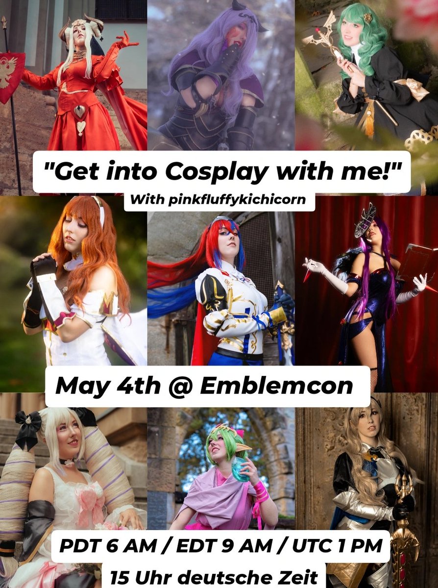 I am glad to announce that I will be at <a href="/TheEmblemCon/">EmblemCon ☆ May 1-4, 2025☆</a> again! 
Go to their discord Page and vote for the character you want to see me Cosplay in my Panel! More information in the picture below!