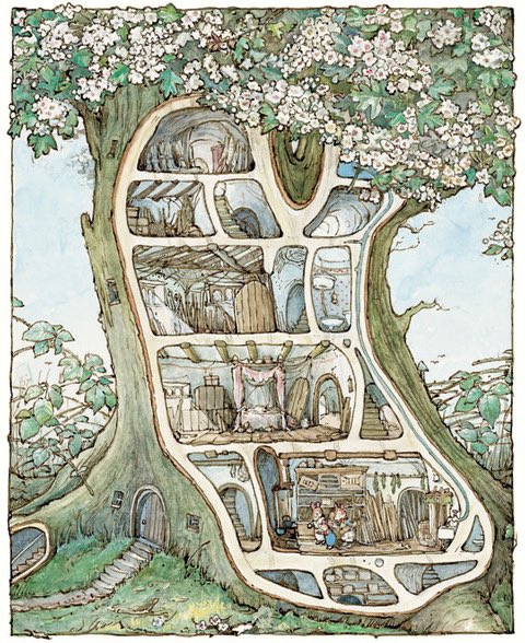 “Come with me,” said Mr Apple. Dusty and Wilfred followed him to a little cottage in a hawthorn tree next to the store stump. 

From Poppy’s Babies, first published in 1994.