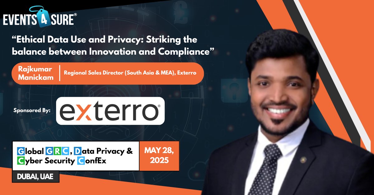 📷Speaker Spotlight: GRC, Data Privacy &amp; Cybersecurity ConfEx 

We’re thrilled to welcome Rajkumar Manickam, Regional Sales Director at <a href="/Exterro/">Exterro Inc.</a>, to the stage at the Global GRC, Data Privacy &amp; Cybersecurity ConfEx in Dubai!

#GRCConfExDubai #DataPrivacy #CybersecurityConfEx