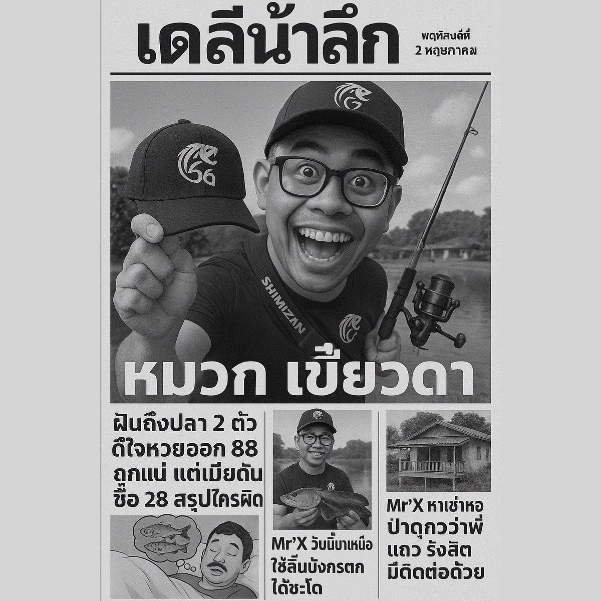 “หมวกเขียวดำ พาโชคมาให้ ฝันเห็นปลา 2 ตัว แต่เมียดันซื้อเลขกลับ ช้ำใจเบาๆ #MrX วันเดียวครบทุกอารมณ์ ตั้งแต่ตกปลา ยันหาเช่าหอ #เดลีน้ำลึก รายงาน”

แฮชแท็ก:
#หมวกเขียวดำ #MrXนักตกปลา #หวยแดก #สายลิ้นมังกร #ชะโดตัวแรก #ฝันแม่นแต่เมียมั่ว #ข่าวประจำวัน #เดลีน้ำลึก #ชีวิตนักตกปลา