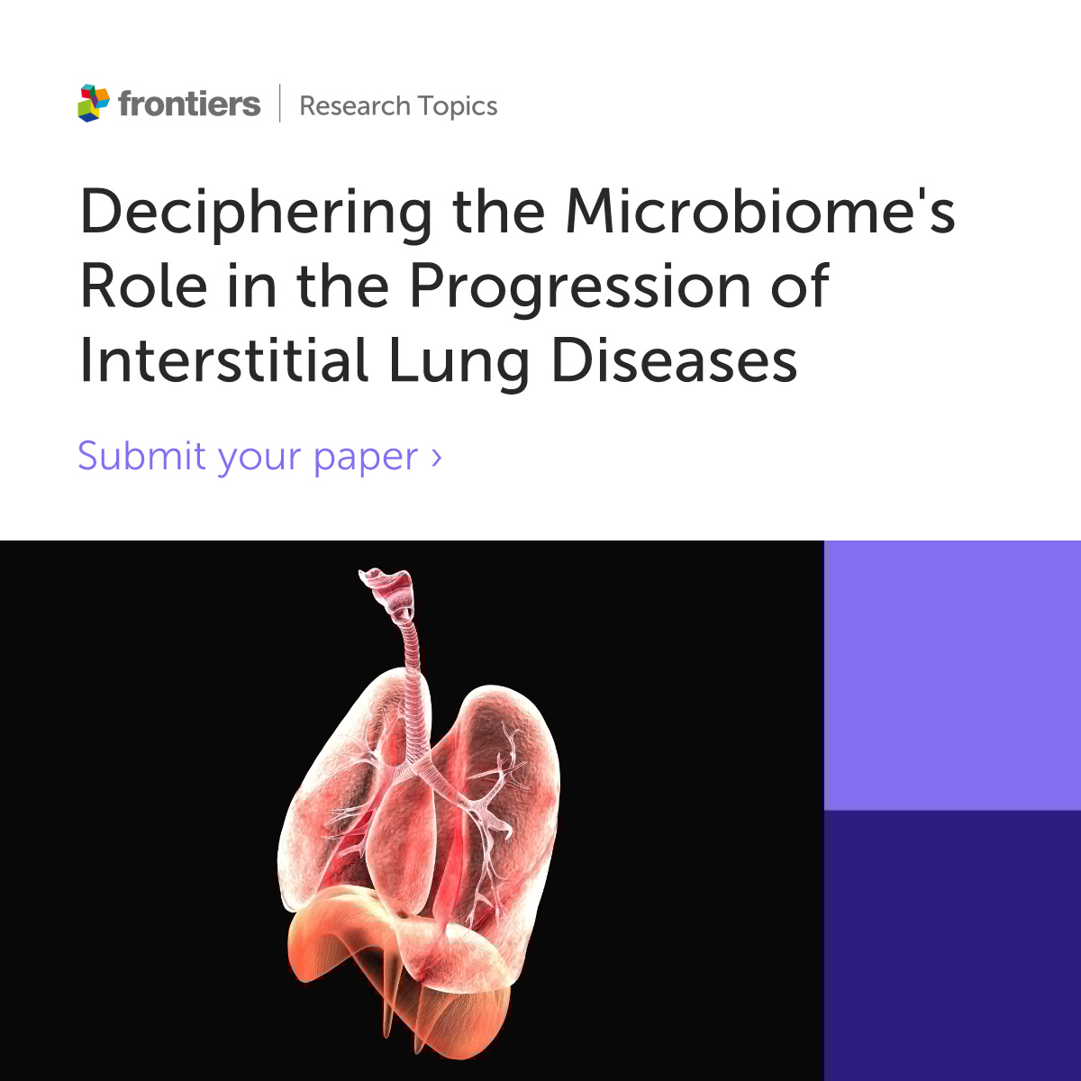 📢 Call for papers!  

"Deciphering the Microbiome's Role in the Progression of Interstitial Lung Diseases"  

Edited by Prof. Roberto Giovanni Carbone &amp; Prof. Anne-Marie Russell

Find out more or submit here➡️ fro.ntiers.in/Gv5o

#ILD #microbiome #IPF #sarcoidosis