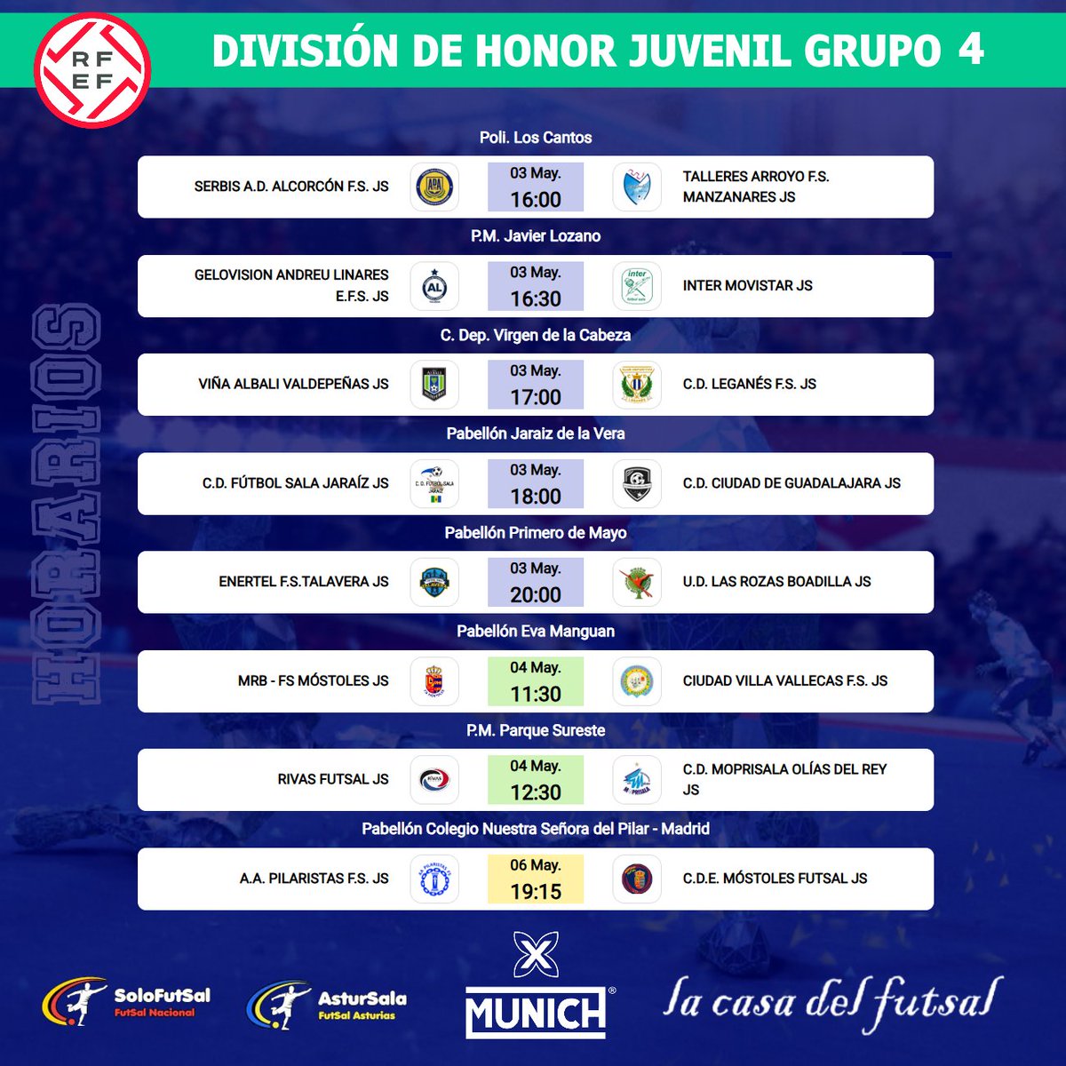 🟩 DVS. HONOR JUVENIL FUTSAL - GRUPO 4⃣
📆 27ª JORNADA / ⏰ HORARIOS

✍️ Consulta los horarios de la jornada
📎 solo-futsal.es/division-honor…

🔀 Visita los perfiles de los equipos de la categoría 
<a href="/AcademiaInterFS/">La Academia Movistar Inter F.S.</a> <a href="/UDRB/">UD Las Rozas FS</a> <a href="/1mostolesfs/">MRB-FS Móstoles</a> <a href="/Moprisala/">MOPRISALA TOLEDO</a>  <a href="/Ciudaddeguadafs/">CD Ciudad de Guadalajara FS</a> <a href="/cdrivasfutsal/">C.D. Rivas Futsal</a>