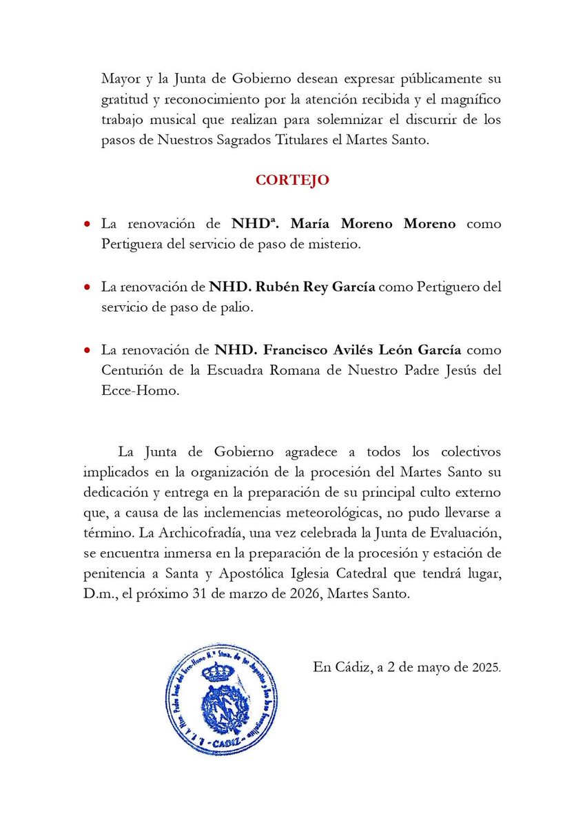 COMUNICADO | El Hermano Mayor y la Junta de Gobierno de esta Real y Venerable Archicofradía, reunidos en sesión de evaluación del Martes Santo 2025, han tomado los siguientes acuerdos relativos a la Estación de Penitencia a la S.A.I. Catedral del próximo año 2026.